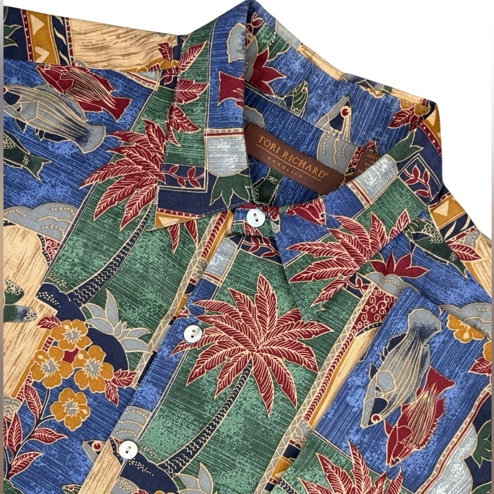 Tori Richard Aloha Mother of Pearl Button Down Shirt with Tropical Print